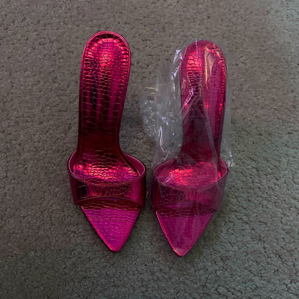 Pink open toe slide on heels